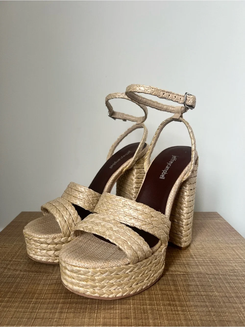 Jeffrey Campbell Yawl Chunky Platform Ankle Strap Sandal in Natural Raffia 9.5